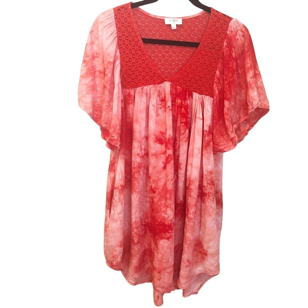 Umgee USA Red Pink Tie Dye Crochet Lace V-Neck Babydoll Tunic Top Small C3251